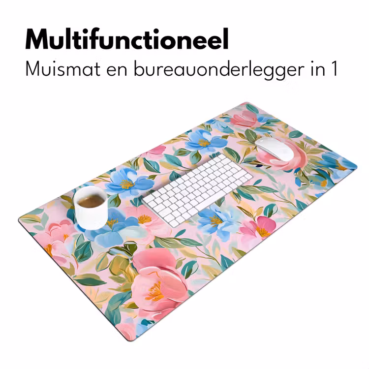 Blauw - Roze - Bloemen Muismat XXL klein -sfeer4