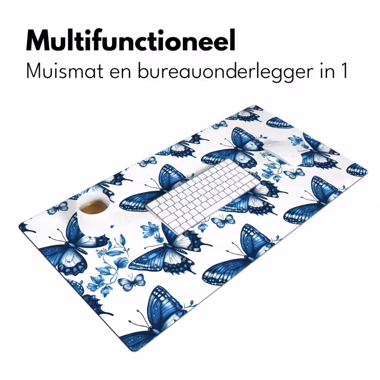 Blauw - Vlinders - Bloemen - Wit Muismat XXL klein 681 -sfeer4