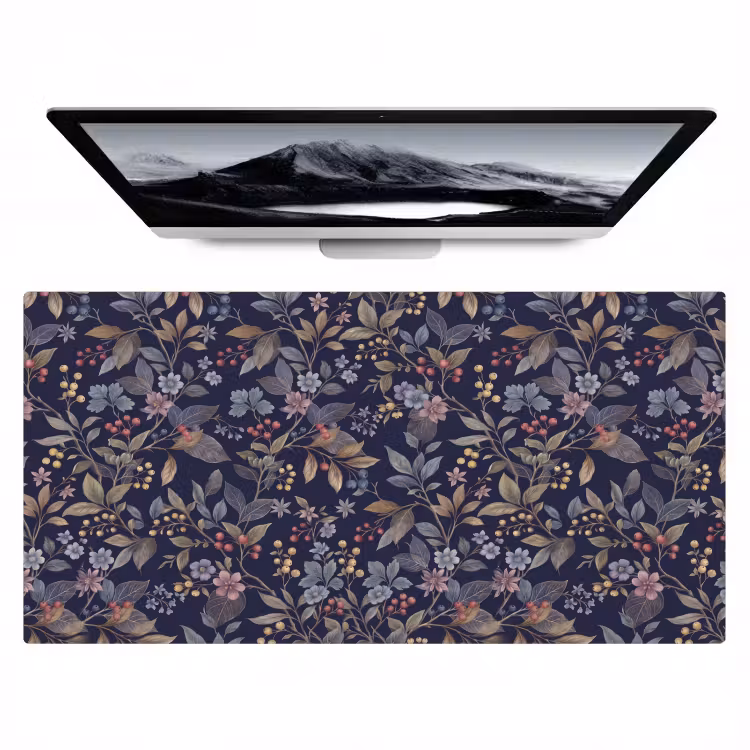 Bloemen - Bladeren - Patroon - Botanisch - Donkerblauw Muismat XXL klein -zzz3d
