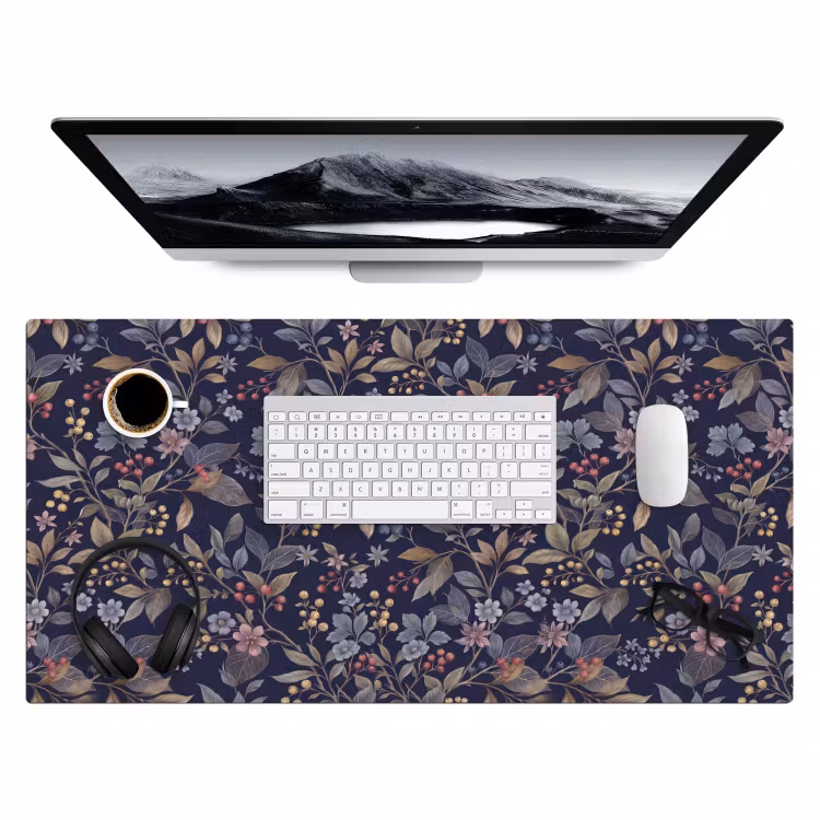 Bloemen - Bladeren - Patroon - Botanisch - Donkerblauw Muismat XXL klein -3d