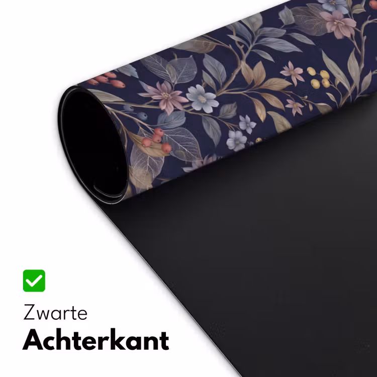 Bloemen - Bladeren - Patroon - Botanisch - Donkerblauw Muismat XXL klein -sfeer2