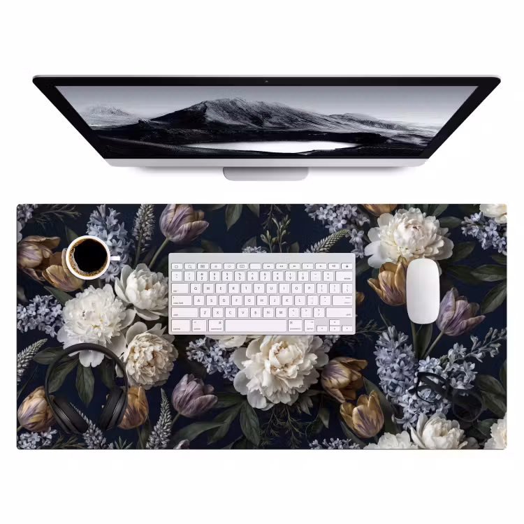Bloemen - Donker - Elegant - Natuur - Wit Muismat XXL klein -3d