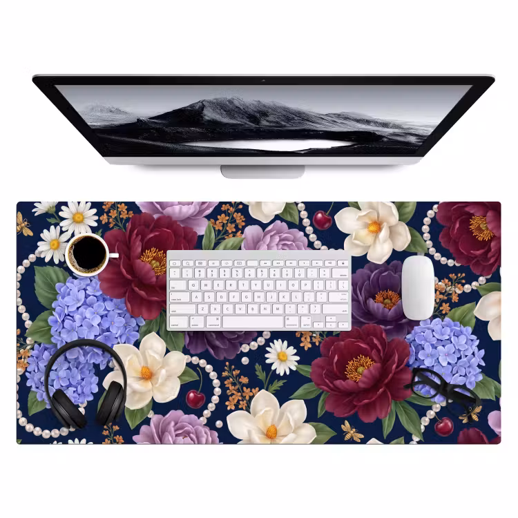 Bloemen - Parels - Decoratie - Modern - Blauw Muismat XXL klein -3d