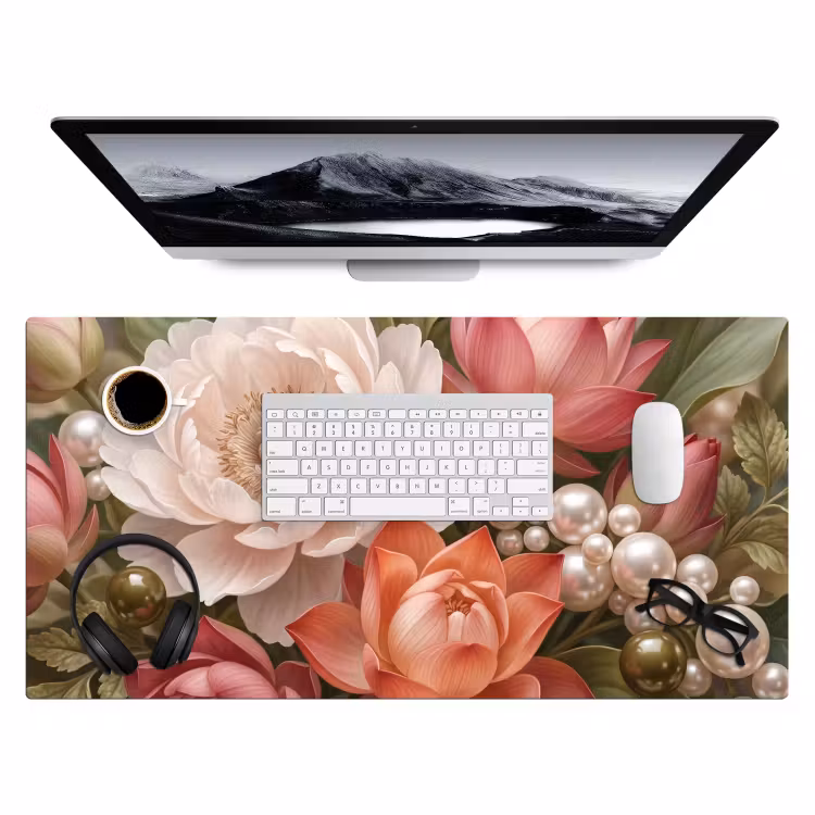 Bloemen - Parels - Elegant - Roze - Wit Muismat XXL klein -3d