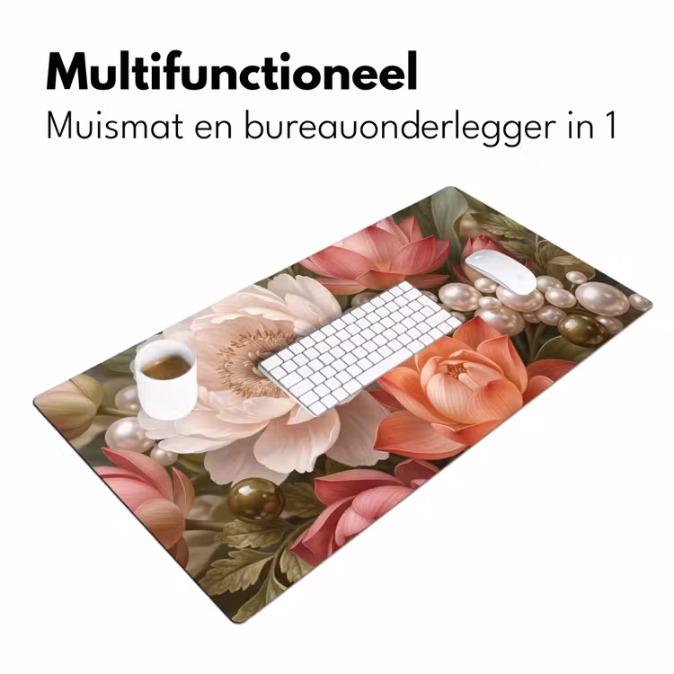 Bloemen - Parels - Elegant - Roze - Wit Muismat XXL klein -sfeer4