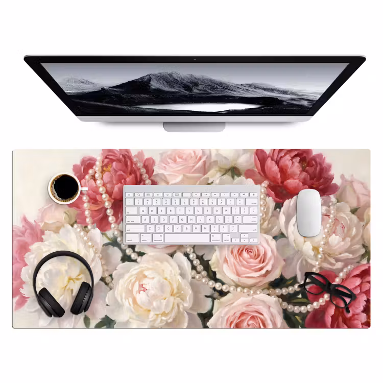 Bloemen - Parels - Romantiek - Klassiek - Roze Muismat XXL klein -3d
