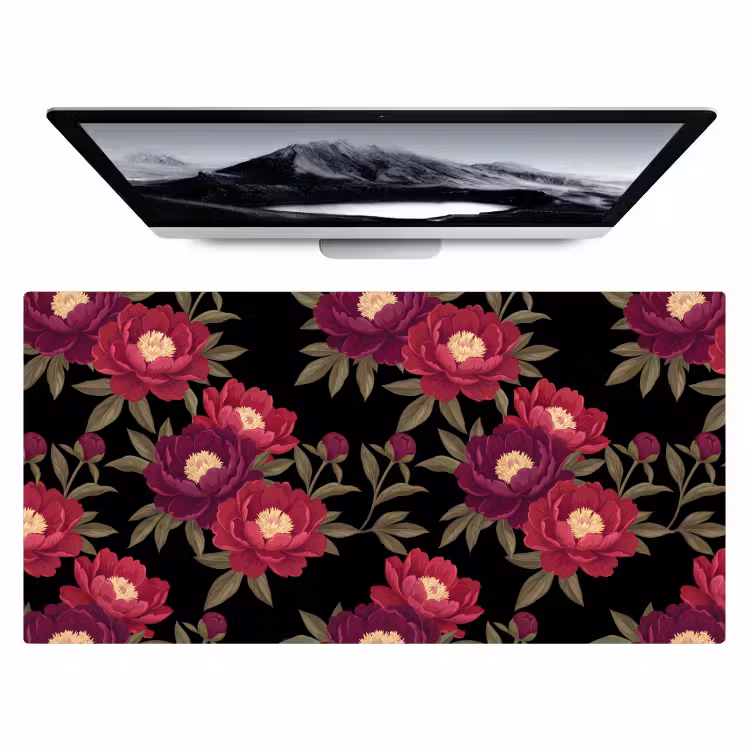 Bloemen - Patroon - Botanisch - Rood - Zwart Muismat XXL klein -zzz3d