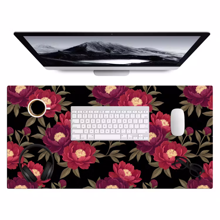 Bloemen - Patroon - Botanisch - Rood - Zwart Muismat XXL klein -3d