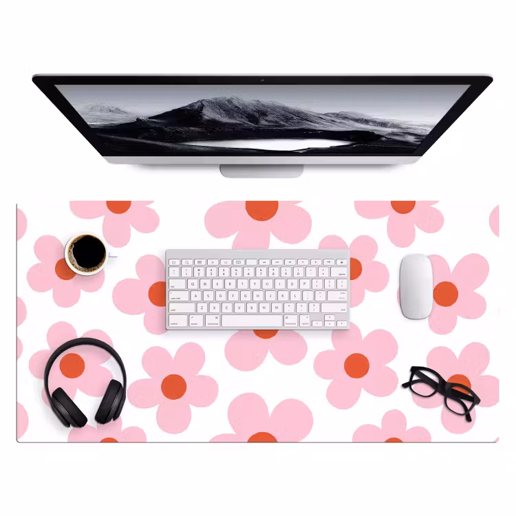 Bloemen - Patroon - Modern - Roze - Wit Muismat XXL klein -3d