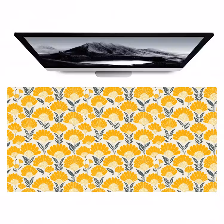 Bloemen - Retro - Botanisch - Okergeel - Grijs Muismat XXL klein 681 -zzz3d