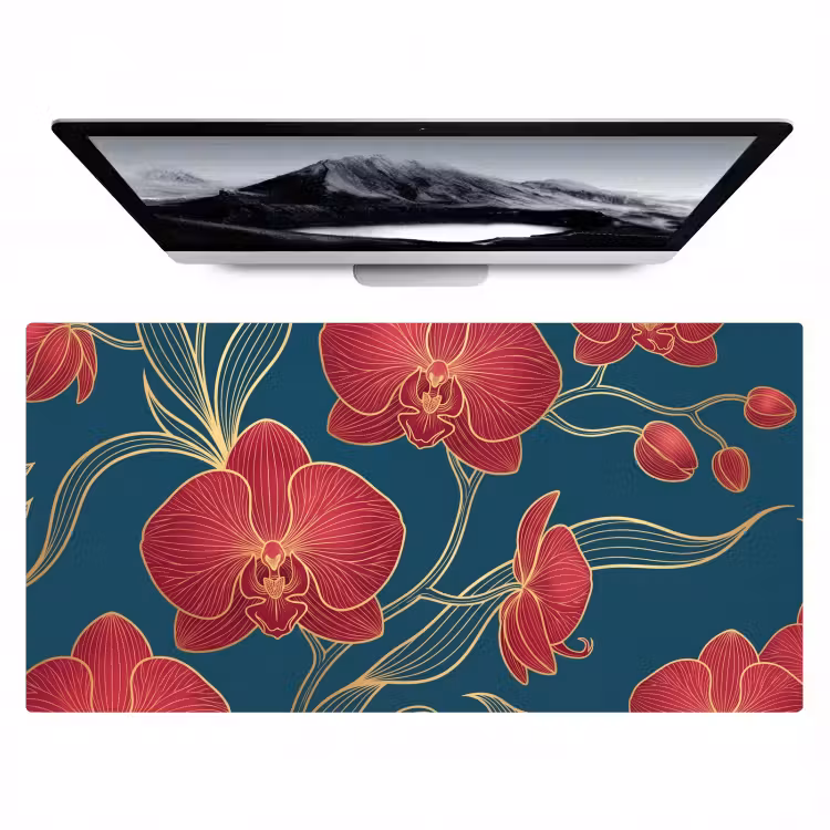 Bureau onderlegger - Bloemen - Rood - Goud - Bloemen - Rood - Goud Muismat XXL klein