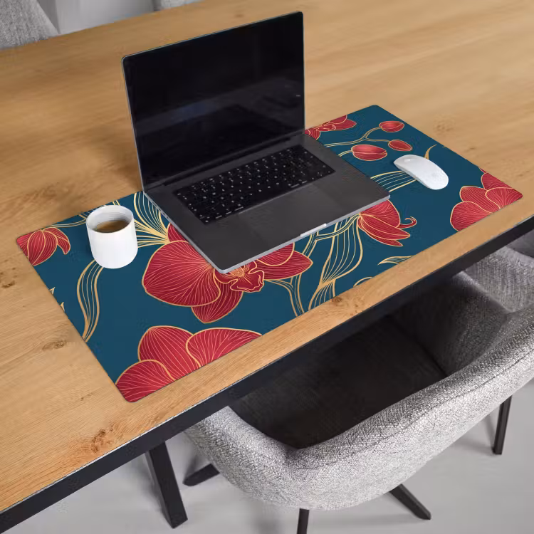 Bureau onderlegger - Bloemen - Rood - Goud - Bloemen - Rood - Goud Muismat XXL klein
