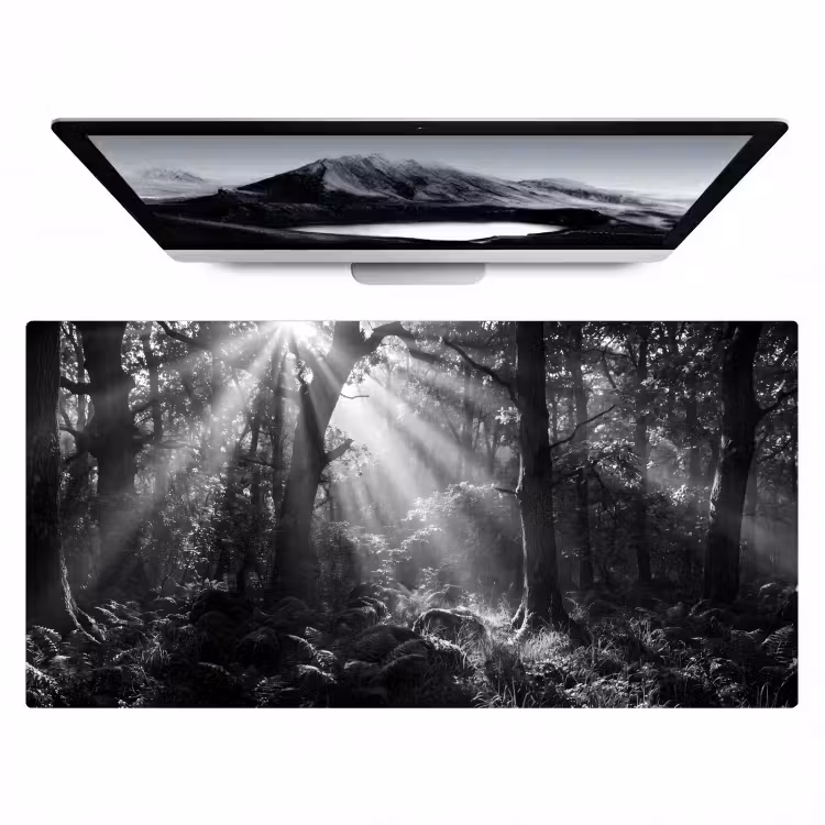 Bos - Lichtstralen - Natuur - Zwart-wit Muismat XXL klein -zzz3d