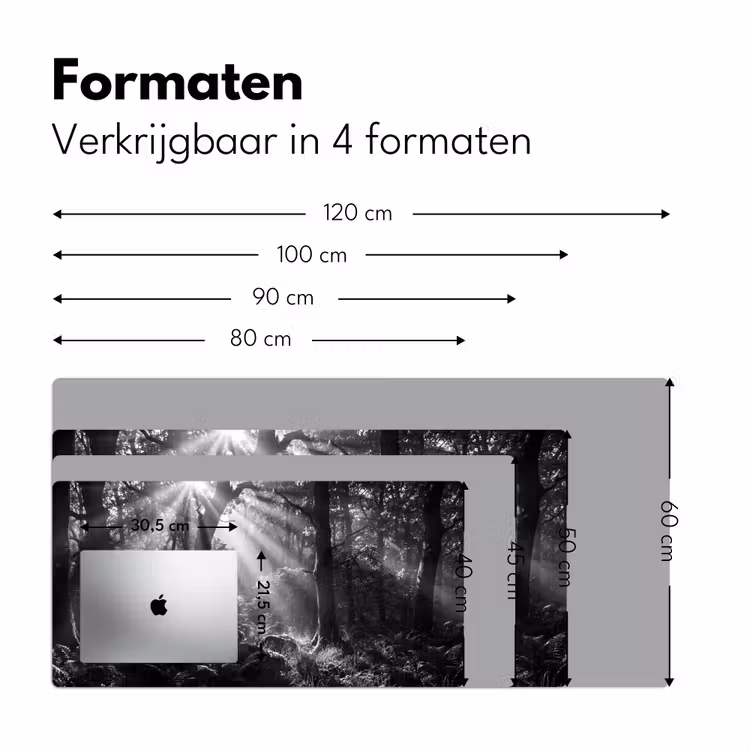 Bos - Lichtstralen - Natuur - Zwart-wit Muismat XXL klein -sfeer5