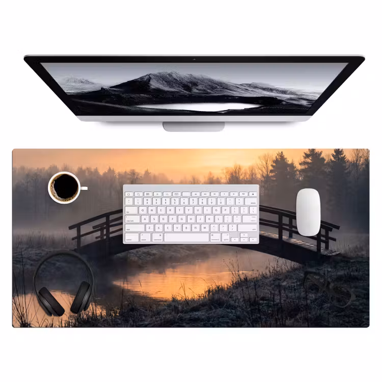 Brug - Mist - Bomen - Water Muismat XXL klein -3d