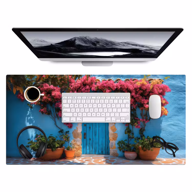 Deur - Hout - Bloemen - Blauw Muismat XXL klein -3d