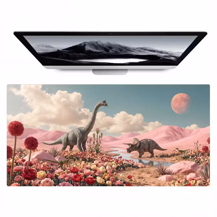 Bureau onderlegger - Dinosaurus - Roze - Landschap - Dinosaurus - Roze - Landschap Muismat XXL klein