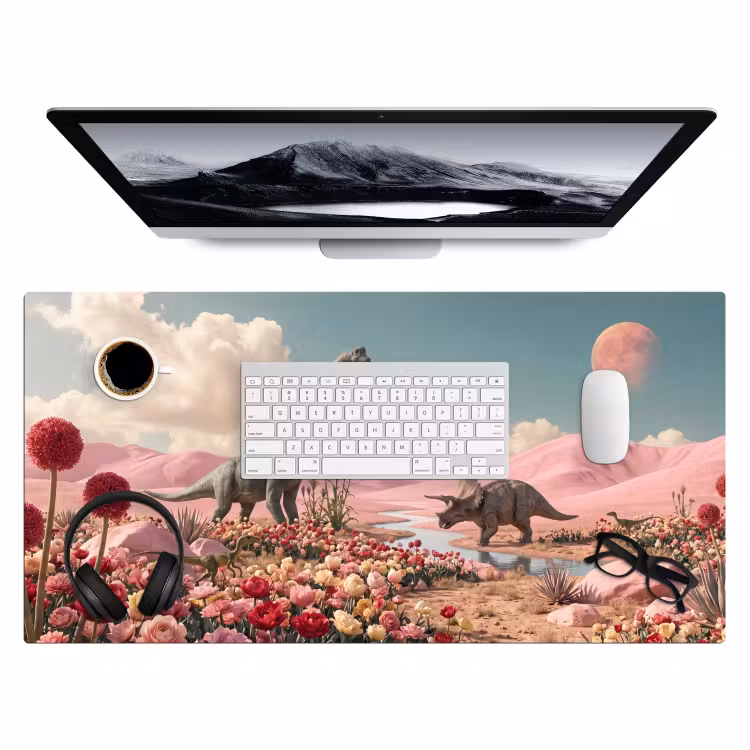 Bureau onderlegger - Dinosaurus - Roze - Landschap - Dinosaurus - Roze - Landschap Muismat XXL klein
