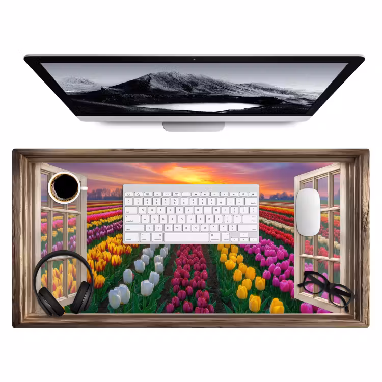 Doorkijk - Bloemen - Tulpen - Kleurrijk - Zonsondergang Muismat XXL klein -3d