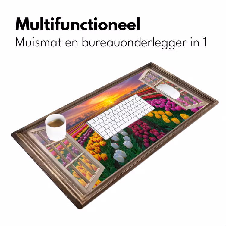 Doorkijk - Bloemen - Tulpen - Kleurrijk - Zonsondergang Muismat XXL klein -sfeer4