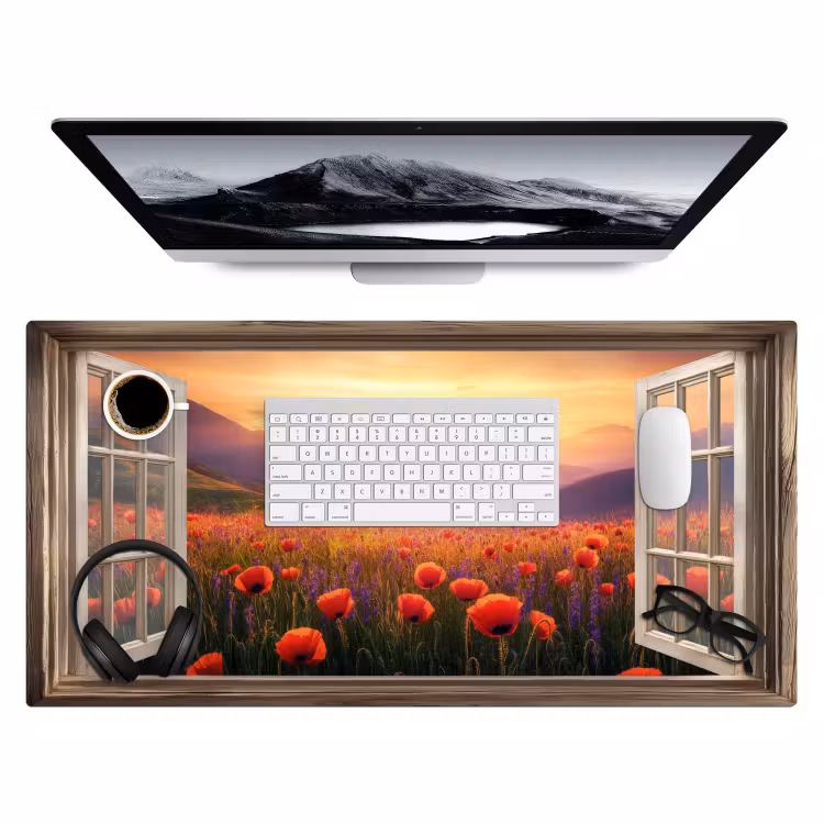 Doorkijk - Klaprozen - Bloemen - Rood - Open raam Muismat XXL klein -3d
