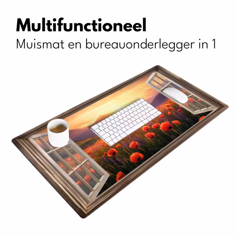 Doorkijk - Klaprozen - Bloemen - Rood - Open raam Muismat XXL klein -sfeer4