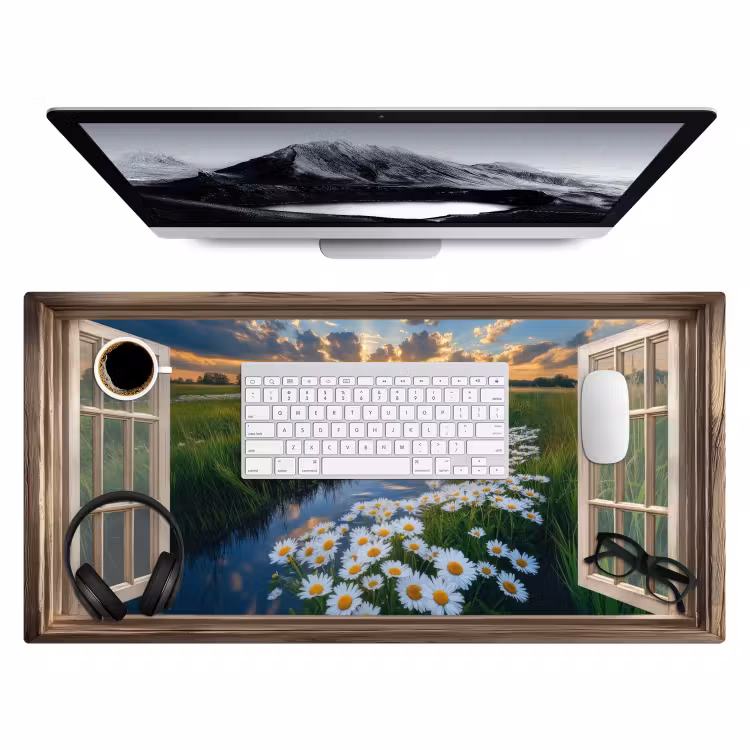 Doorkijk - Landschap - Raam - Water - Zonsondergang Muismat XXL klein -3d