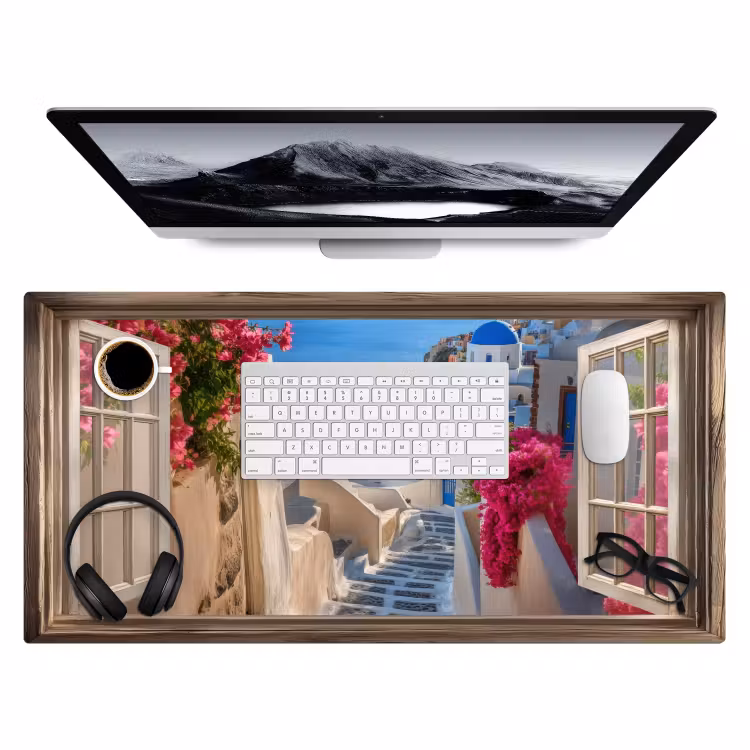 Doorkijk - Santorini - Landschap - Blauw - Grieks Muismat XXL klein -3d