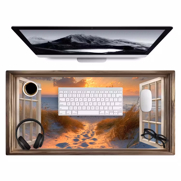 Doorkijk - Strand - Duinen - Zonsondergang Muismat XXL klein -3d