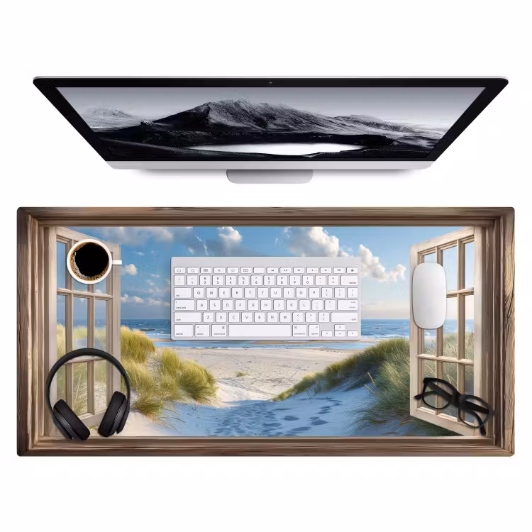 Doorkijk - Strand - Raam - Duinen - Zee Muismat XXL klein -3d