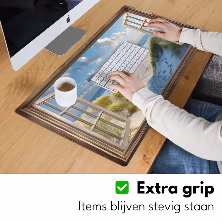 Doorkijk - Strand - Raam - Duinen - Zee Muismat XXL klein -sfeer3