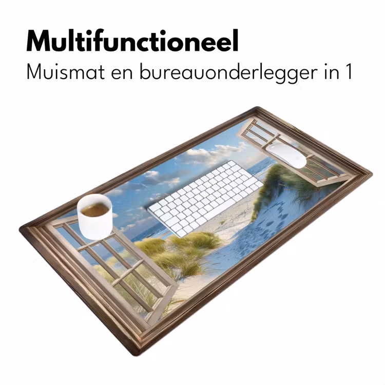 Doorkijk - Strand - Raam - Duinen - Zee Muismat XXL klein -sfeer4