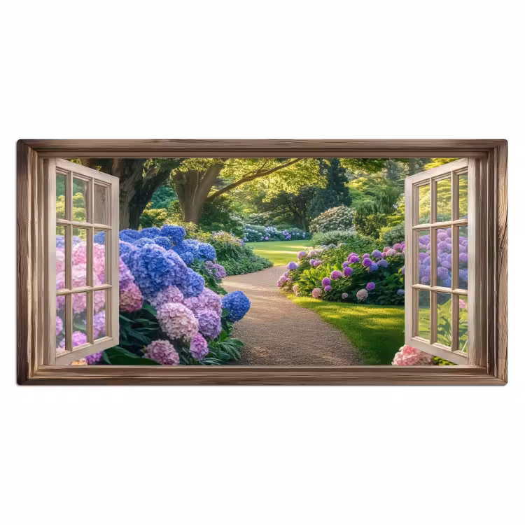 Doorkijk - Tuin - Raam - Hortensia - Bloemen Muismat XXL klein -3d_leeg