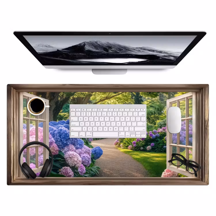 Doorkijk - Tuin - Raam - Hortensia - Bloemen Muismat XXL klein -3d