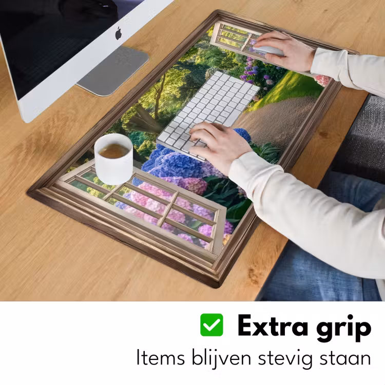 Doorkijk - Tuin - Raam - Hortensia - Bloemen Muismat XXL klein -sfeer3