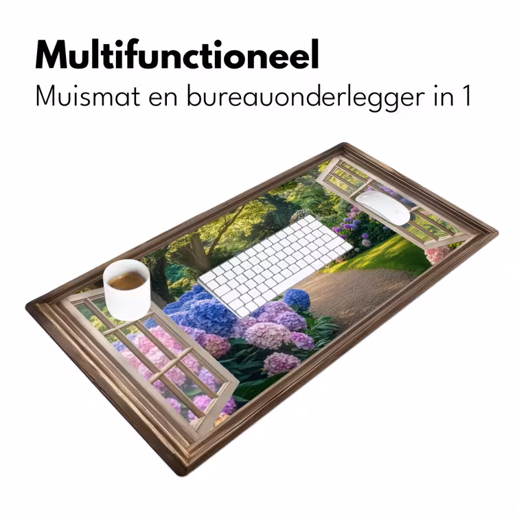 Doorkijk - Tuin - Raam - Hortensia - Bloemen Muismat XXL klein -sfeer4
