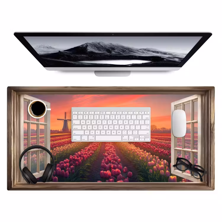 Doorkijk - Tulpen - Zonsondergang - Bloemen - Kleurrijk Muismat XXL klein -3d
