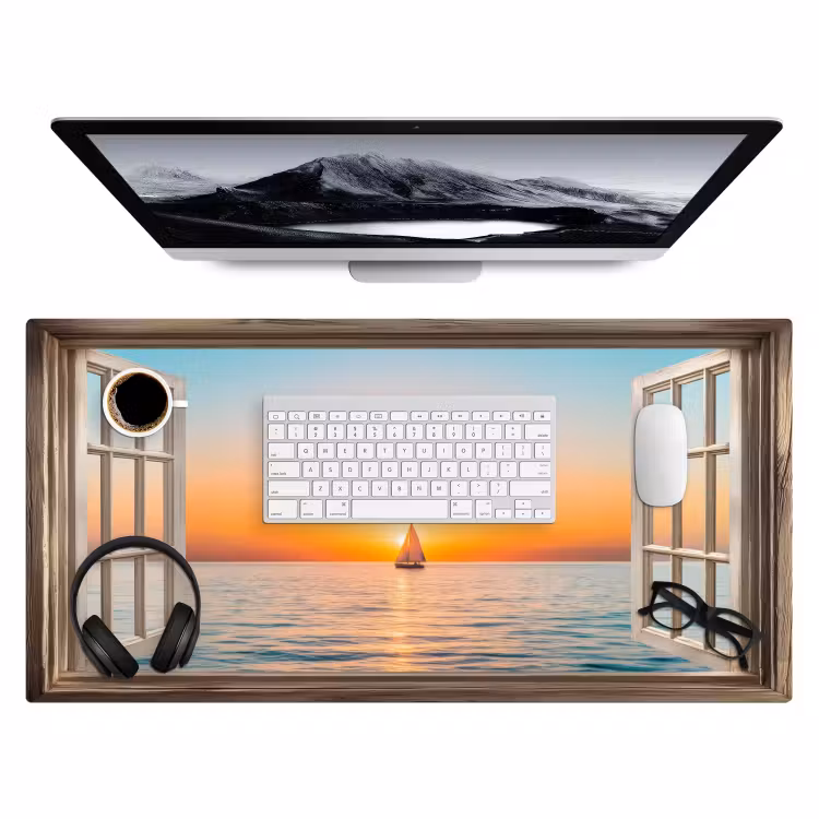 Doorkijk - Zee - Boot - Zonsondergang Muismat XXL klein -3d