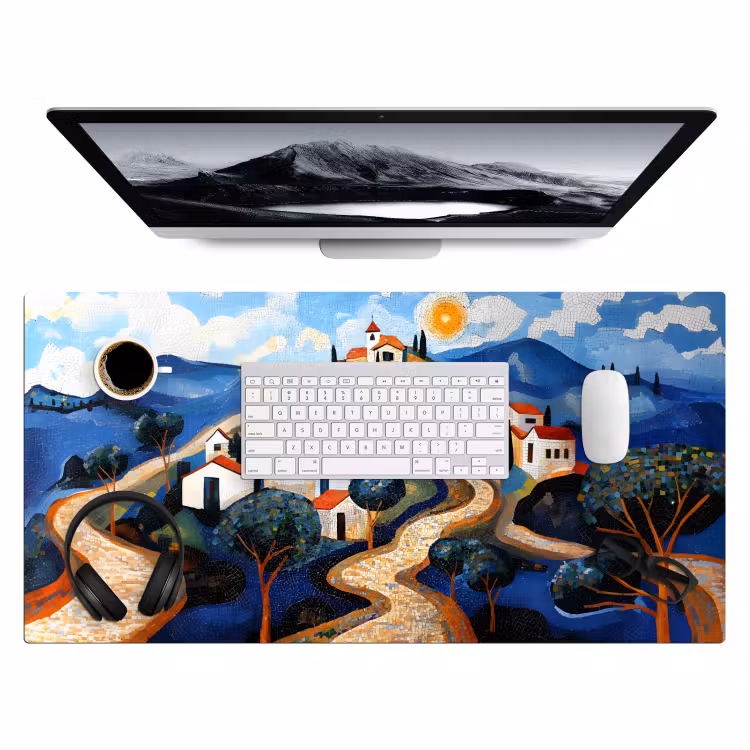 Dorp - Heuvelachtig - Zon - Mozaïek Muismat XXL klein -3d