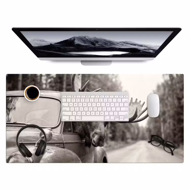 Eland - Auto - Gewei - Zwart - Wit Muismat XXL klein -3d