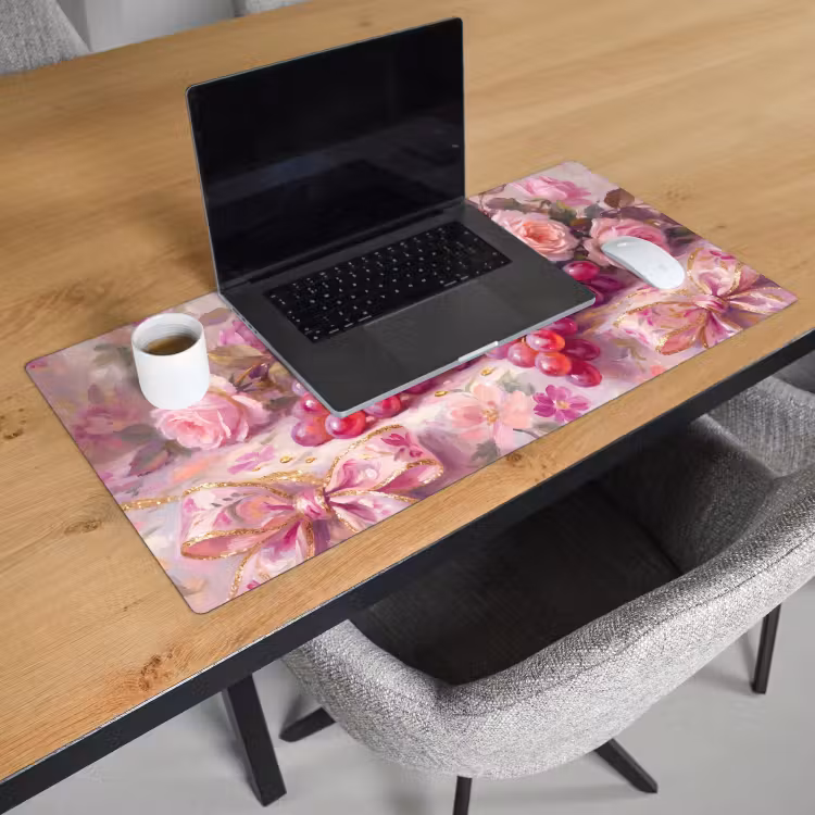 Eten - Bloemen - Stilleven - Roze - Goud Muismat XXL klein -sfeer1