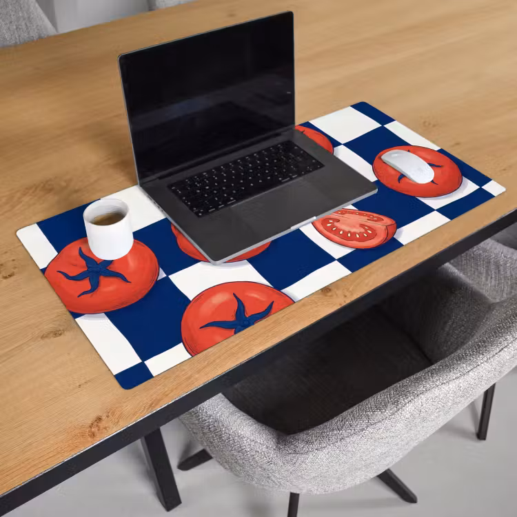Eten - Tomaten - Keuken - Illustratie - Rood-Blauw Muismat XXL klein -sfeer1