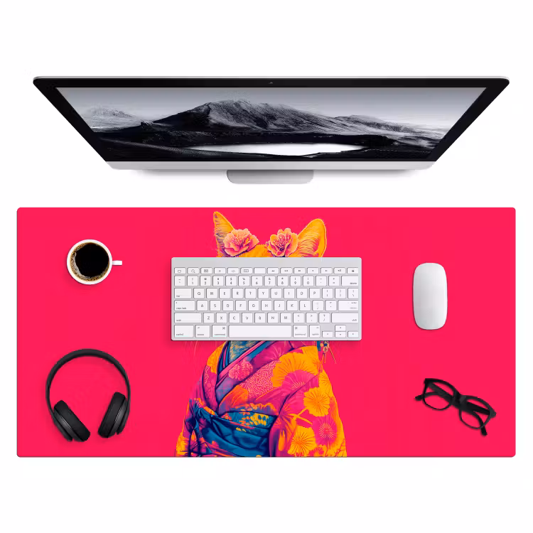 Kat - Kimono - Bloemen - Roze Muismat XXL klein -3d