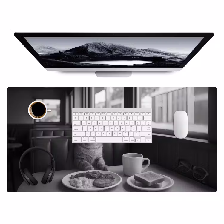 Kat - Koffie - Brood - Zwart Muismat XXL klein -3d