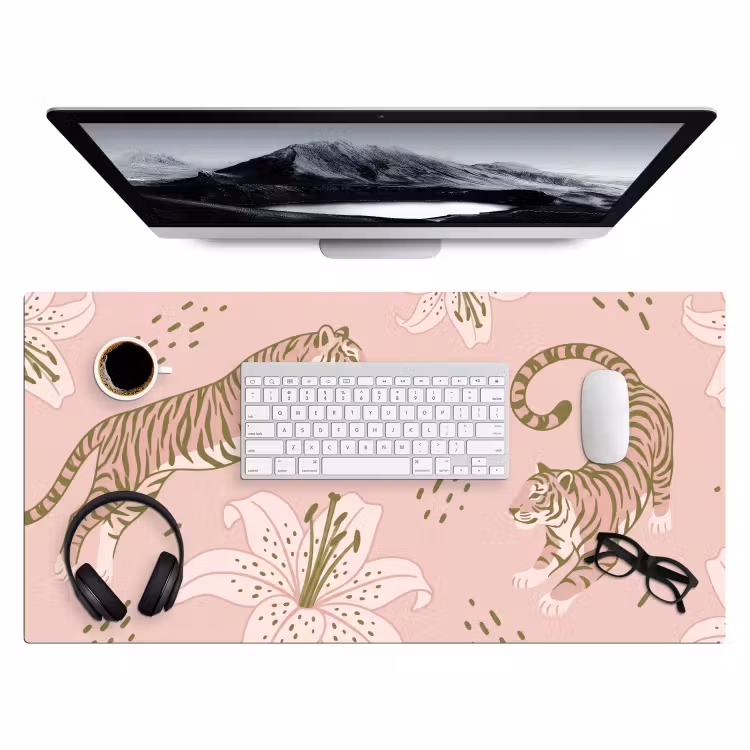 Kat - Springend - Bloemen - Abstract - Roze Muismat XXL klein -3d