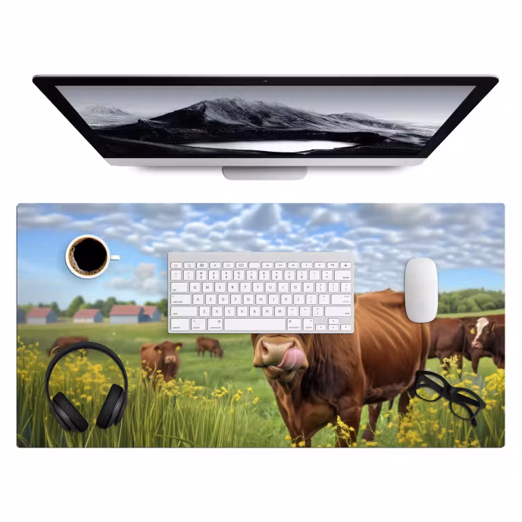 Koe - Weide - Bloemen Muismat XXL klein -3d