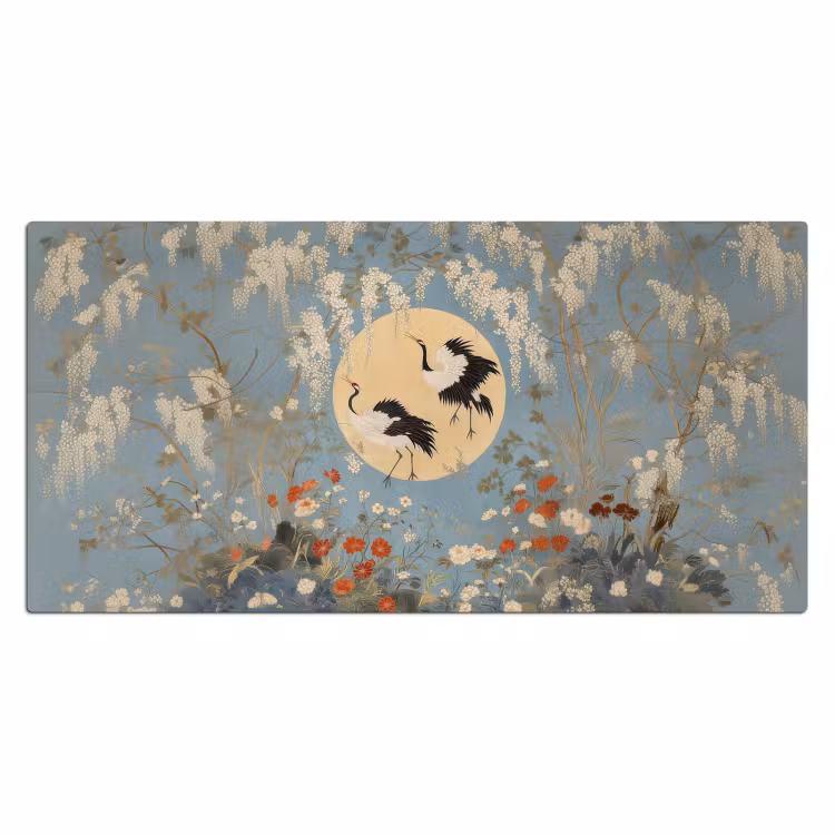 Kraanvogels - Maan - Bloemen - Blauw Muismat XXL klein -3d_leeg