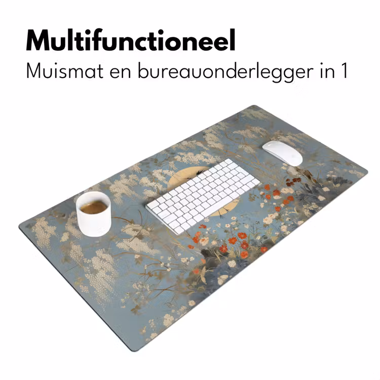 Kraanvogels - Maan - Bloemen - Blauw Muismat XXL klein -sfeer4