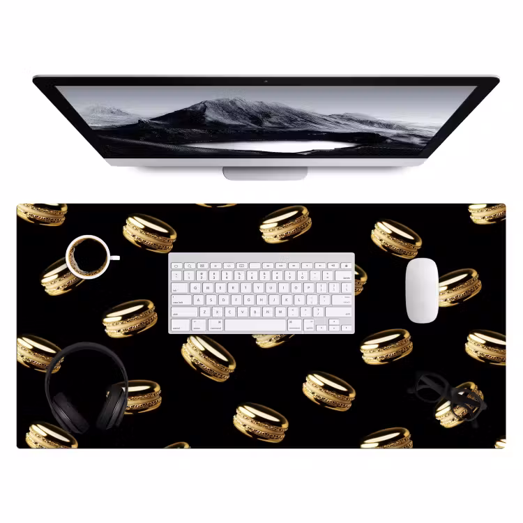 Macarons - Patroon - Goud - Zwart Muismat XXL klein -3d