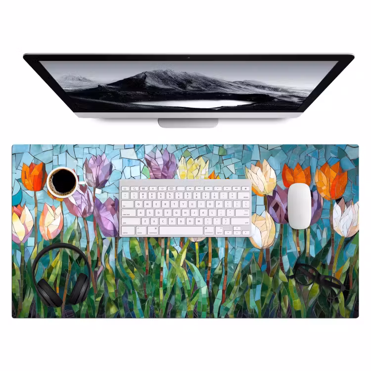 Mozaïek - Veld - Tulpen - Kleurrijk Muismat XXL klein -3d